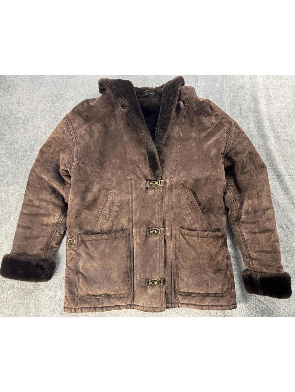 Genuine Leather Jacket Womens Medium Brown Faux Fur Lined Long Sleeve Hood Warm